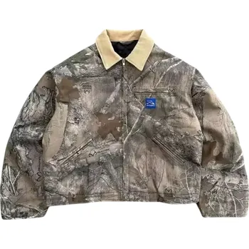 Pánská větrovka Pánská bunda maskáčová hnědošedá s límečkem Zateplená bunda s potiskem přírody Lovecký styl na zip Módní krátká bunda outdoor XXL