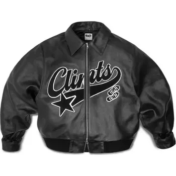 Pánská bunda Pánská černá koženková bunda na zip Stylová bunda s potiskem a límečkem Módní bunda s elastickým pasem Streetwear bunda Clints S