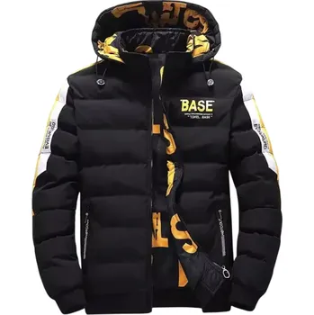 Pánská zimní bunda s kapucí Zateplená bunda s nápisy na rukávech a podšívce Zapínání na zip Elastické manžety Městský styl do zimy černá XL