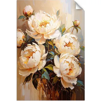 Obraz PLAKÁT do LOŽNICE OBÝVACÍHO POKOJE Pivoňky Krémové Květiny Kytice 100x150
