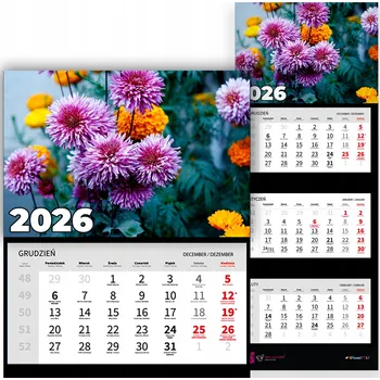 Kalendář Trojdílný kalendář na rok 2026, měsíční, nástěnný, kancelářský - Květiny - RŮZNÉ VZORY