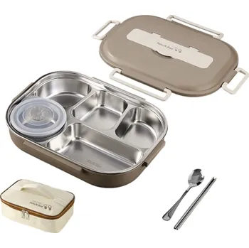 Termobox Nerezová izolační krabička na oběd 2000 ml 5 přihrádek s taškou Miska na polévku Lžíce Hůlky Přenosná termonádoba do práce i školy hnědá