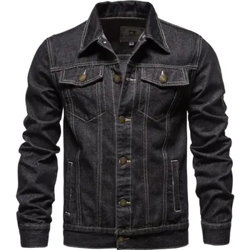 Pánská riflová bunda s dlouhým rukávem Klasický džínový kabát Knoflíkové zapínání Náprsní kapsy Prošívané švy Stylová přechodová bunda černá XXS