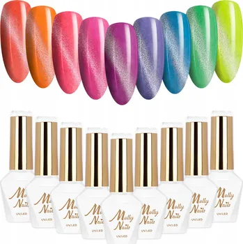 Lak na nehty 9x Hybridní lak MOLLYNAILS 8g Neon Flashy Cat Eye SADA 9v1 Třpytivý