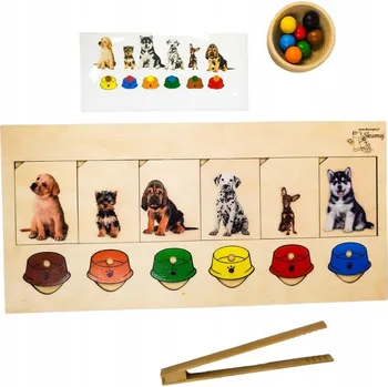 Dřevěná hračka Hladoví pejsci, dřevěná skládačka, pískání, misky, kuličky, kleště, odvoz