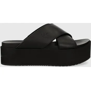 Dámské pantofle Kožené pantofle Calvin Klein Jeans FLATFORM CROSS MG UC dámské, černá barva, na platformě, YW0YW01349 99X, EUR 41