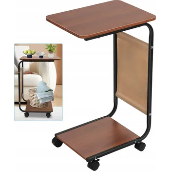 Konferenční stolek MOBILNÍ POMOCNÝ STOLEK 63CM - POD NOTEBOOK/POHODLNOU SEDAČKU, POLICE + KAPSA, OŘECH