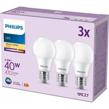 Žárovka PHILIPS SADA 3x LED žárovka E27 4,9W = 40W 2700K TEPLÁ BÍLÁ 470lm A60