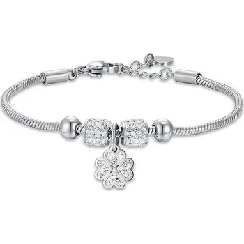 Náramek Girl's steel bracelet with heart four-leaf clover and white crystals