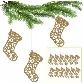 Vánoční dekorace Zlaté vánoční ponožky na stromeček, vánoční ozdoby 10 cm, 12 Ks