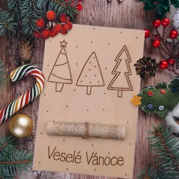 Vánoční dekorace Dekorace z Řečice Dárková dřevěná vánoční kartička na bankovku "stromečky"