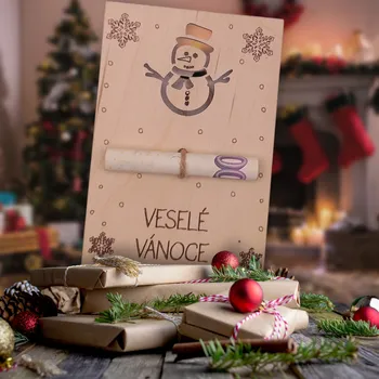 Dekorace z Řečice Dárková dřevěná vánočníkartička na peníze sněhulák