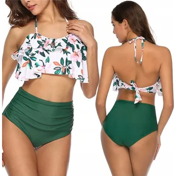 Dámské plavky BIKINY PLAVKY DVOUDÍLNÉ KOSTÝM DO BAZÉNU VYSOKÝ PAS VOLÁNEK L