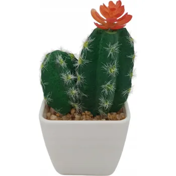 umělá květina UMĚLÝ KAKTUS S KVĚTEM V BÍLÉM KVĚTINÁČI S KAMÍNKY 10 CM