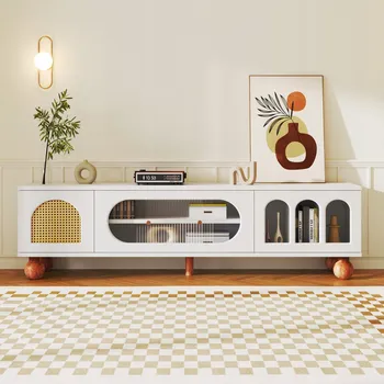 Televizní stolek TV stolek se posuvnými skleněnými a ratanovými dvířky, 170x37x47 cm