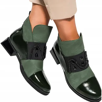 Dámská zimní obuv DÁMSKÉ ZELENÉ KOTNÍKOVÉ BOTY MÓDNÍ GEOMETRICKÝ PODPATEK GUMA S KRYSTALKY vel. 37