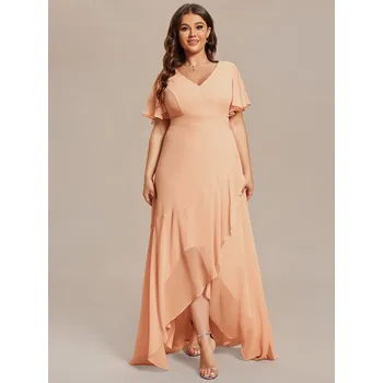 Dámské šaty Šifonové šaty pro družičky s výstřihem do V a volánky Barva: Broskvová, Velikost: 6XL