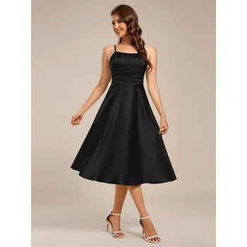 Dámské šaty Skládané midi svatební šaty s ramínky Barva: Černá, Velikost: 4XL