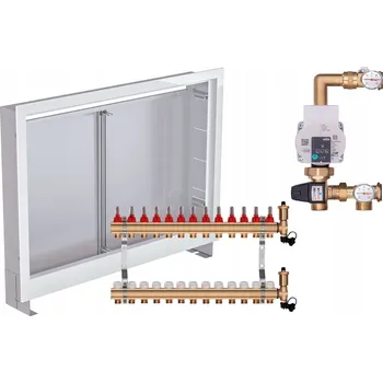 rozdělovač topení Mosazný rozdělovač pro podlahové topení 13 okruhů s ČERPADLEM WILO + PODOMÍTKOVÁ SKŘÍŇKA