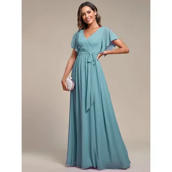 Dámské šaty Šaty pro družičky v áčkovém střihu s výstřihem a volánky Barva: Tyrkysová, Velikost: 6XL