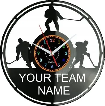 Hodiny HOKEJ, TVÉ JMÉNO, DEKORATIVNÍ NÁSTĚNNÉ HODINY, MODERNÍ VINYLOVÁ DESKA