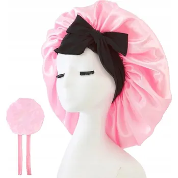 Ochranná čepice na spaní na vlasy, růžová, na zavazování, s černou stuhou