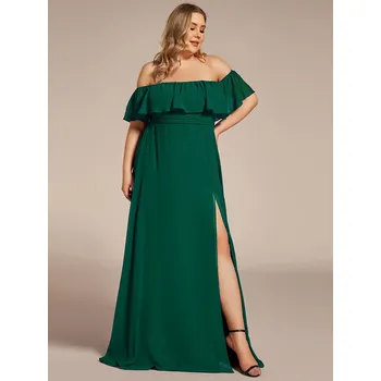 Dámské šaty Šaty pro družičky s odhalenými rameny, volánky a rozparkem Barva: Tmavě Zelená, Velikost: 6XL