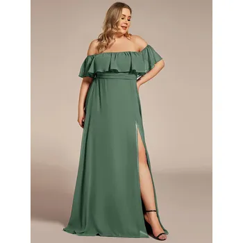 Dámské šaty Šaty pro družičky s odhalenými rameny, volánky a rozparkem Barva: Azurová, Velikost: 9XL