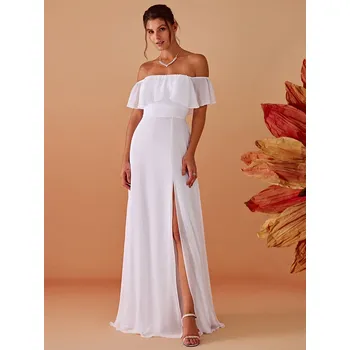 Dámské šaty Šaty pro družičky s odhalenými rameny, volánky a rozparkem Barva: Bílá, Velikost: 7XL