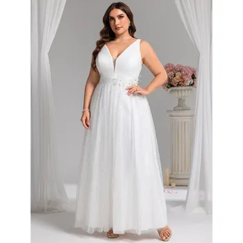 Dámské šaty Svatební šaty s výstřihem do V a třpytkami bez rukávů Barva: Bílá, Velikost: 5XL