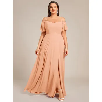 Dámské šaty šifonové šaty pro družičky se spadlými rukávky Barva: Broskvová, Velikost: 8XL