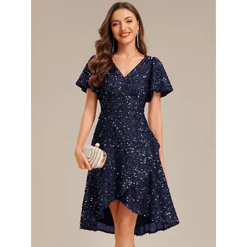 Dámské šaty šaty s krátkým rukávem, volánky, flitry a výstřihem do V Barva: Tmavě Modrá, Velikost: 2XL
