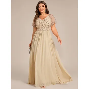 Dámské šaty Večerní šaty s krátkým rukávem a volánem Barva: Šampaňská, Velikost: 5XL