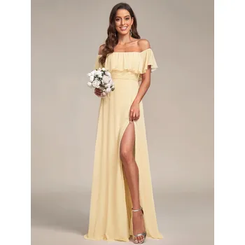 Dámské šaty Šaty pro družičky s odhalenými rameny, volánky a rozparkem Barva: Žlutá, Velikost: 6XL