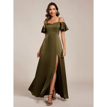 Dámské šaty společenské šaty s volánkovými rukávy a odhalenými rameny Barva: Olivová, Velikost: S