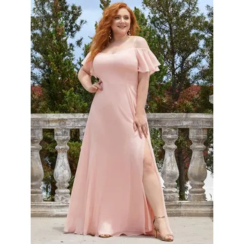 Dámské šaty šifonové šaty pro družičky se spadlými rukávky Barva: Růžová, Velikost: 5XL