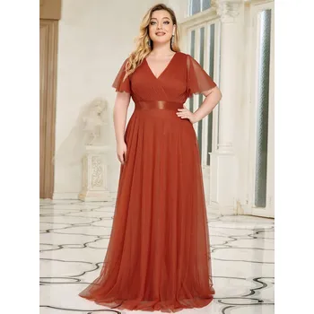 Dámské šaty Šaty maxi pro družičky s výstřihem do V a áčkovým střihem Barva: Oranžová, Velikost: 5XL
