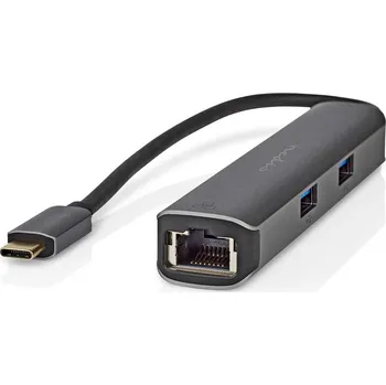 Elektrická zásuvka NEDIS USB Multiport Adaptér | USB 3.2 Gen 1 | USB-C™ Zástrčka | HDMI ™ Zásuvka / RJ45 Zásuvka / 3x USB-A Zásuvka | 5 Gbps | 0.20 m | Kulatý | Pozlacené | PVC | Antracit | Box