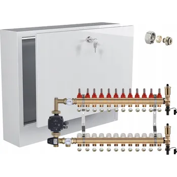 rozdělovač topení Rozdělovač pro podlahové topení 12 okruhů s ČERPADLOVOU SKUPINOU GRUNDFOS + PEX potrubí + SKŘÍŇKA NA OMÍTKU