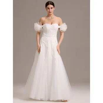 Dámské šaty Svatební šaty s krátkými rukávy a aplikací bez ramínek Barva: Bílá, Velikost: L