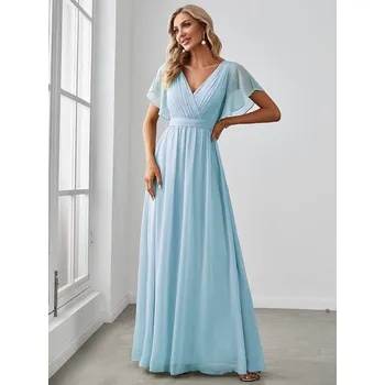 Dámské oblečení Šaty pro družičky v áčkovém střihu s výstřihem a volánky Barva: Modrá, Velikost: S