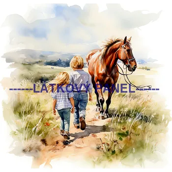 Látkový panel - Kůň a děti - KON - 96 Velikost: 50x50cm, Materiál: Teplákovina nepočesaná