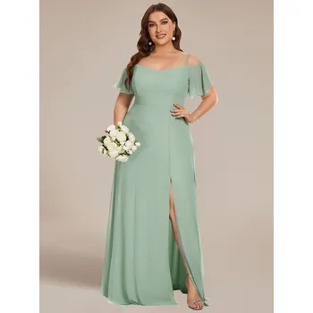 Dámské šaty šifonové šaty pro družičky se spadlými rukávky Barva: Mátová, Velikost: 5XL