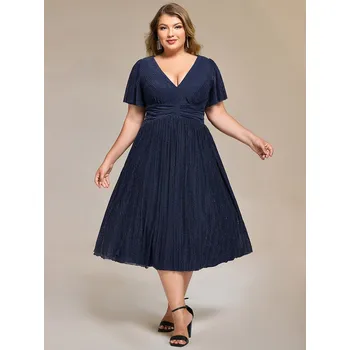 Dámské šaty Společenské šaty s krátkým rukávem a volánky midi Barva: Tmavě Modrá, Velikost: 8XL