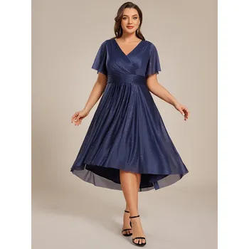 Dámské šaty Svatební šaty s krátkým rukávem, volánky a výstřihem do V Barva: Tmavě Modrá, Velikost: 8XL