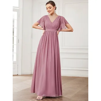 Dámské šaty Svatební šaty s výstřihem do V a volánkovými rukávy Barva: Tmavě Růžová, Velikost: 6XL