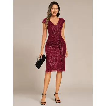 Dámské šaty Midi šaty s krátkým rukávem, výstřihem do a flitry Barva: Bordová, Velikost: 3XL