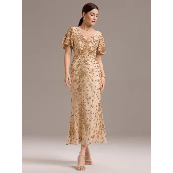 Dámské šaty Plesové šaty s flitry a výstřihem do V midi Barva: Zlatá, Velikost: 3XL