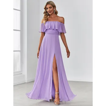 Dámské šaty šifonové svatební šaty s odhalenými rameny a rozparkem Barva: Levandulová, Velikost: 9XL