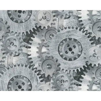 Tapeta Tapeta Geometrické Vzory – Šedá, Stříbrná a Černá – Omyvatelná Tapeta s Motivem Hodinových Soukolí